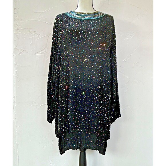 Judith Ann Creations Dresses & Skirts - Vintage Silk Judith Ann Creations Black Multi Sequin Beaded Knee Length Dress L